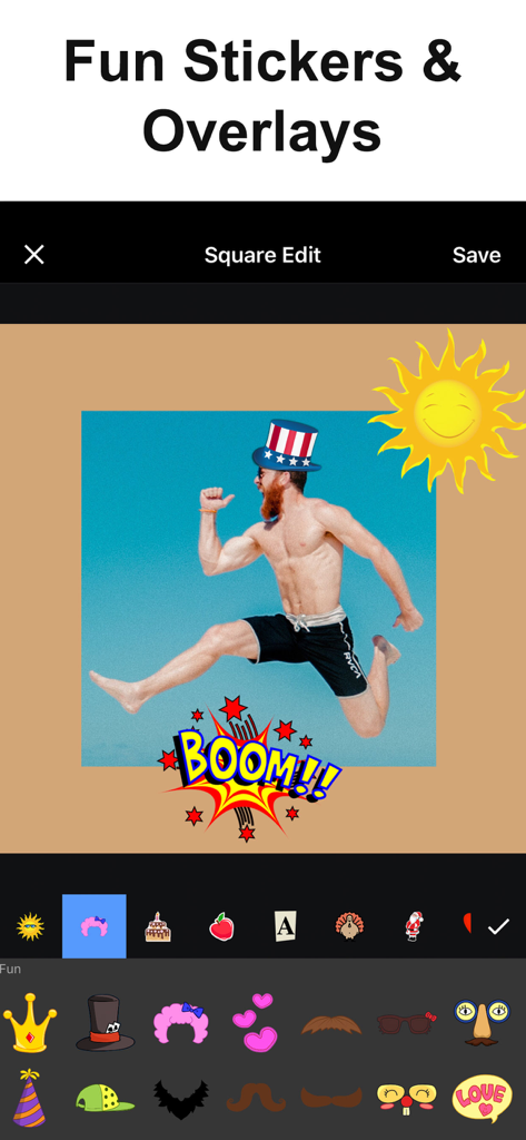 그림에 태양 및 만화 붐과 같은 다양한 스티커와 오버레이가 적용된 사진 편집 인터페이스