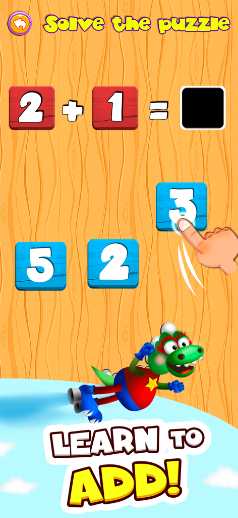 Pantalla de puzle de suma interactivo para niños con el personaje de Dino Tim