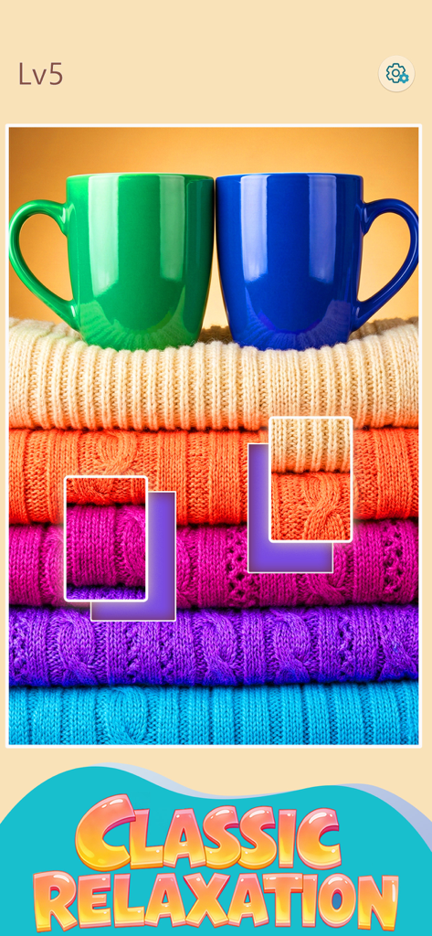Jigmerge™ Puzzle - Mobile game interface of Jigmerge Puzzle showing a colorful image of knitted sweaters and mugs with the text Classic Relaxation.