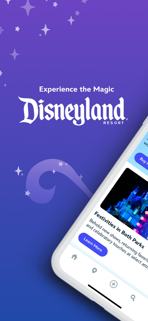 「Experience the Magic」というスローガンが表示されたディズニーランド・リゾート・アプリのウェルカム画面