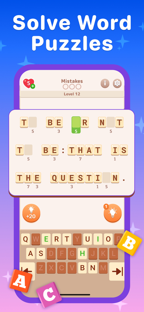 Cryptogram Word Puzzlesのゲームプレイ画面、引用文のデコードレベルが表示されています