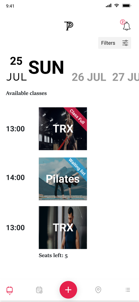 Interface mobile de TrainYourPulse montrant une liste de cours de TRX et de Pilates disponibles avec leur statut de réservation.