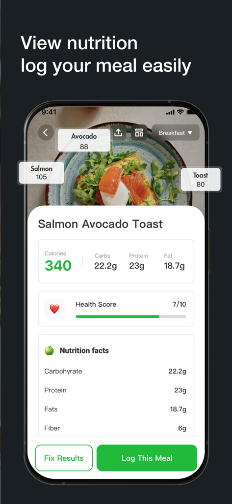 Cal Pal app interface showing AI identification of salmon avocado toast with a breakdown of calories and macros