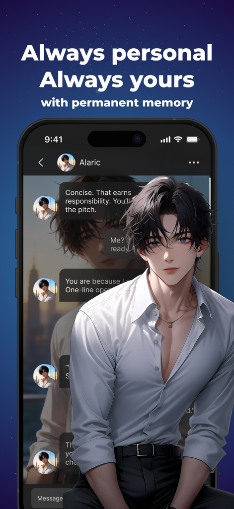 Dream Mate: AI Roleplay Chat - A chat interface on a smartphone screen featuring an anime-style male character named Alaric with the text Always personal Always yours with permanent memory