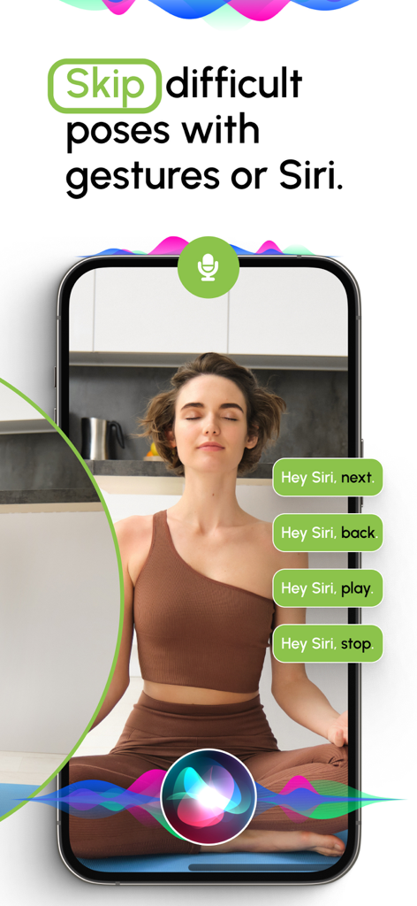 MirrorFit－Somatic Yoga Workout - MirrorFit App-Oberfläche zeigt eine freihändige Yoga-Sitzung mit Siri-Sprachsteuerungsbefehlen