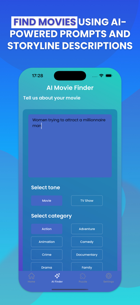 Crackle : Movies and Tv Shows - Interfaz de la aplicación Crackle que muestra la función Buscador de Películas con IA con un mensaje de texto y opciones de selección de género.