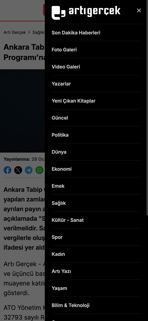 ArtiGercek.com - Navigation menu of the ArtiGercek news app showing various categories in Turkish.