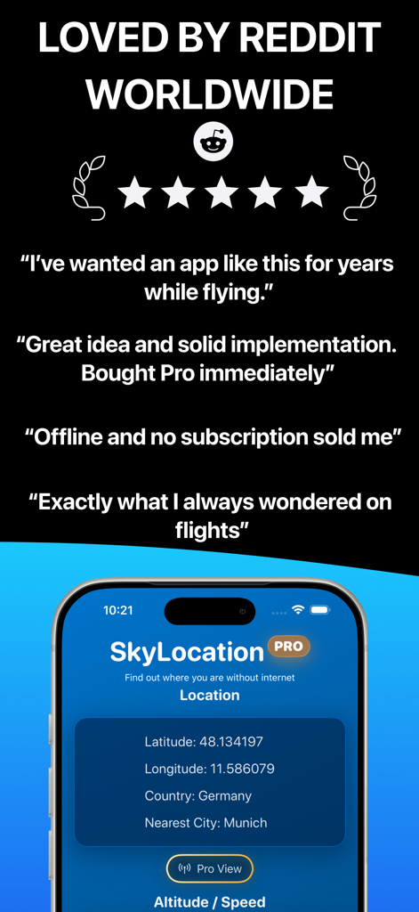 SkyLocation - SkyLocation app interface showing user reviews and offline GPS coordinates for Munich Germany