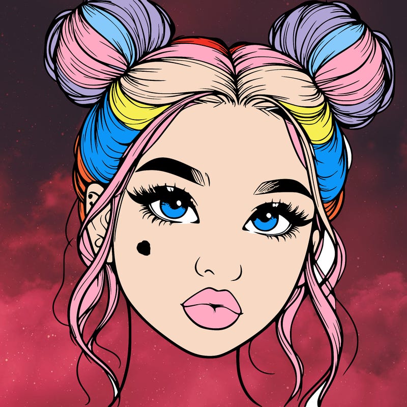 realistic girl with two buns on her hair and lips