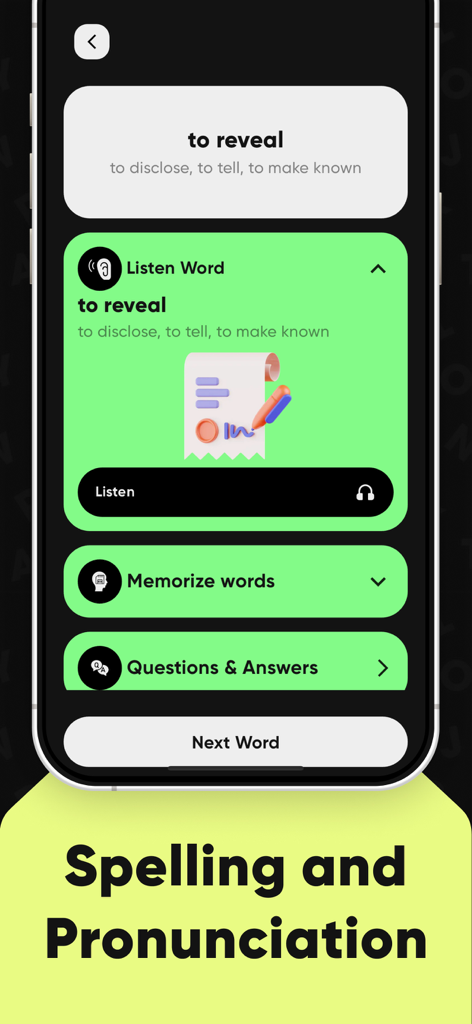 TOFEL Test Preparation - TOEFL対策アプリ。単語「to reveal」のスペルと発音の練習が表示されています。
