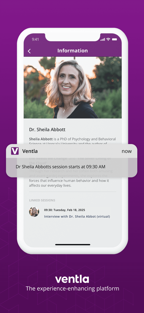 Interface do aplicativo Ventla mostrando um perfil de palestrante para Dra. Sheila Abbott com uma notificação push para uma próxima sessão de evento.
