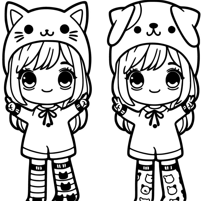 one girl wearing a all cat outfit with one cat sock and one dog sock