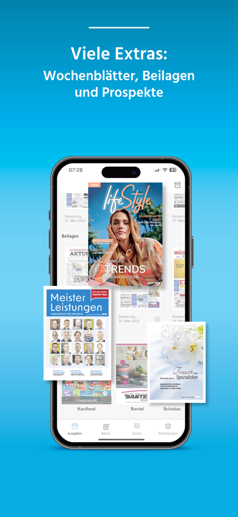 ZVW ePAPER - Oberfläche der ZVW ePAPER App, die verschiedene digitale Magazine, Wochenzeitungen und lokale Beilagen auf einem Smartphone präsentiert.