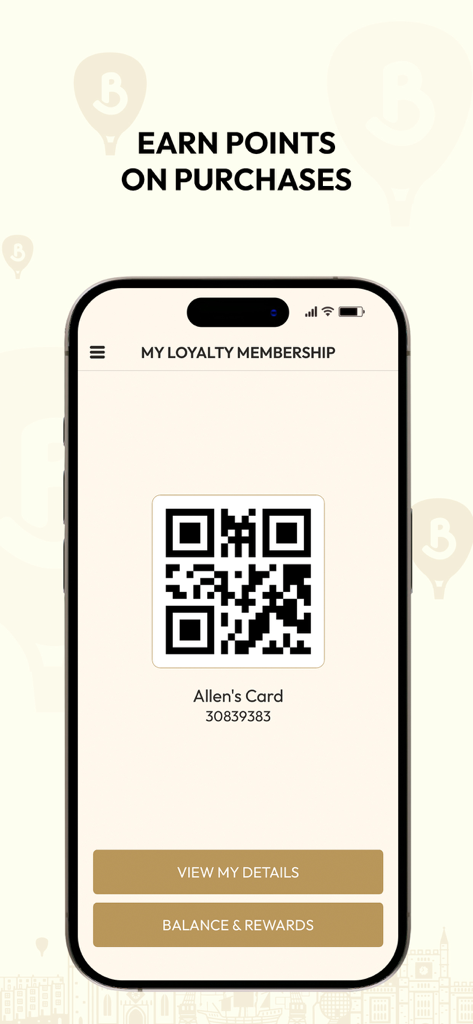 Butcombe 앱 로열티 멤버십 화면에 구매 시 포인트를 적립하기 위한 QR 코드가 있는 디지털 카드가 표시됩니다.