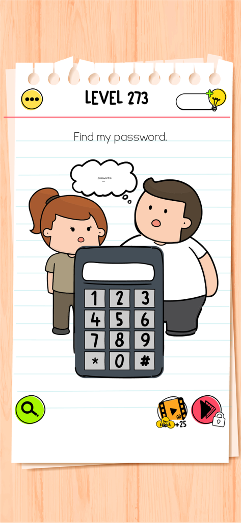 A brain teaser puzzle from Brain Test All Star asking to find a password using a number keypad.
