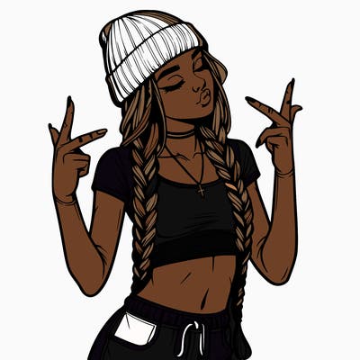 realistic teenage girl with braids and a beanie and crop top doing 🫶🏼