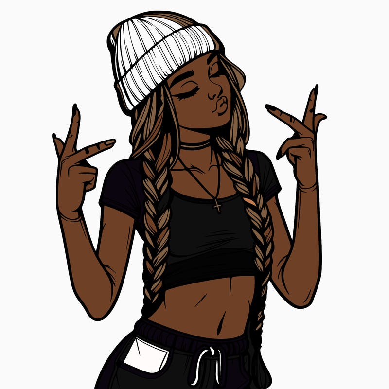 realistic teenage girl with braids and a beanie and crop top doing 🫶🏼