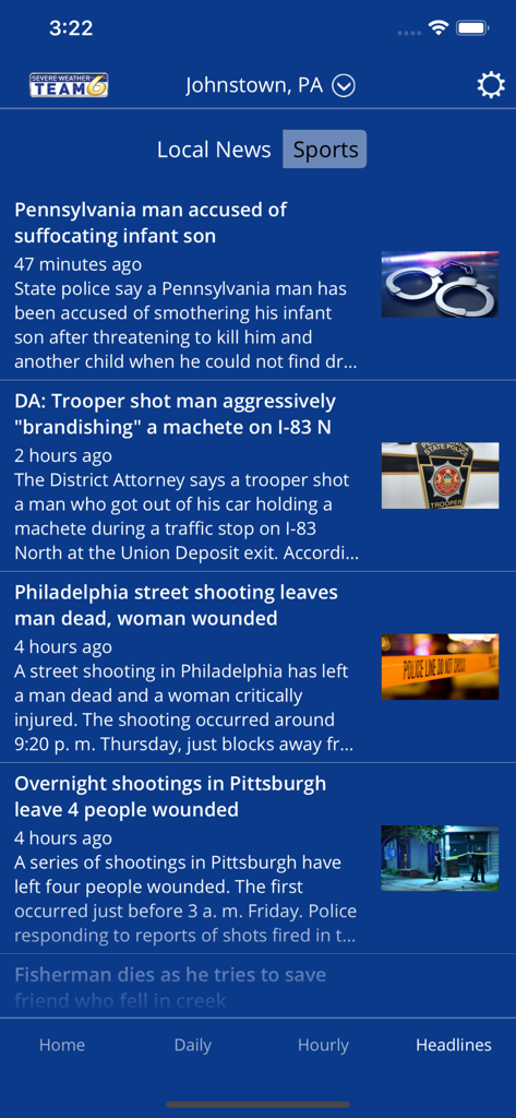 WJAC WX app headlines screen showing local Pennsylvania news updates