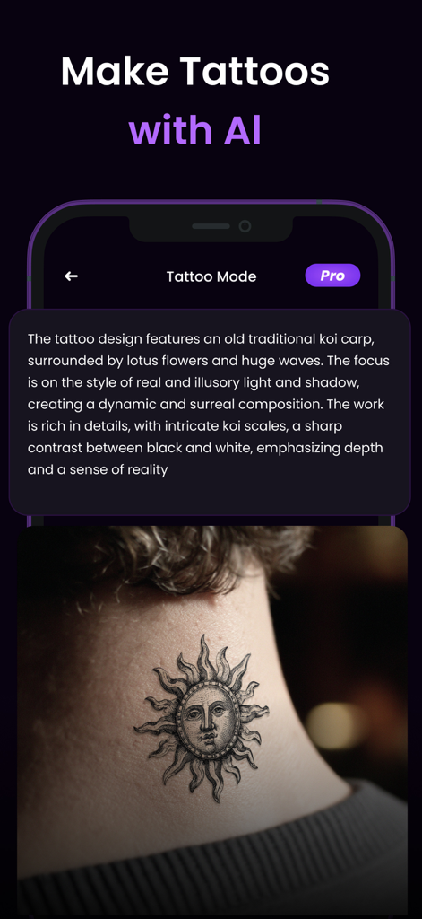 AI Fantasy- AI Image Generator - AI Fantasy app interface for generating custom tattoos with AI prompts