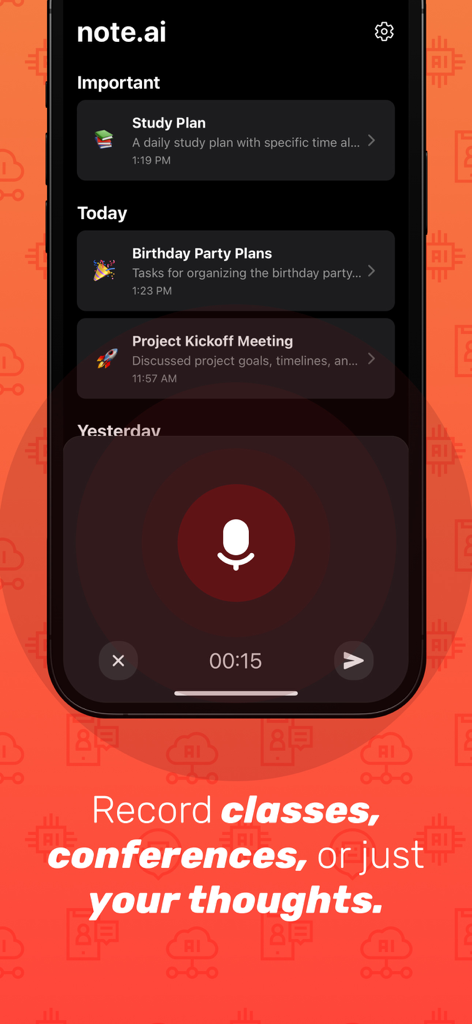 Oberfläche der note.ai App, die eine aktive Sprachaufnahme über einer Liste organisierter Lern- und Besprechungsnotizen anzeigt