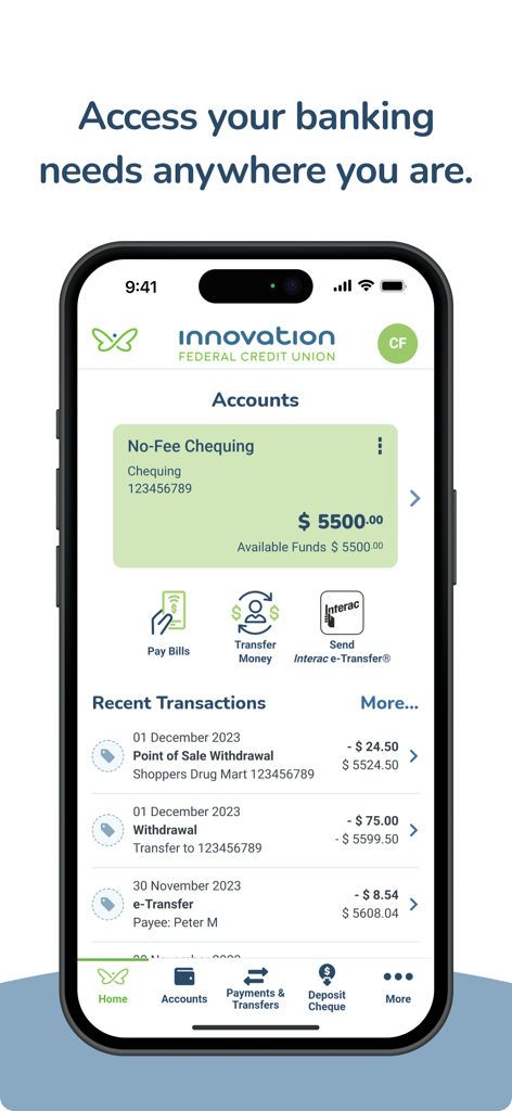 Innovation Federal CU - Innovation Federal Credit Union mobile app interface showing account balance and recent transactions