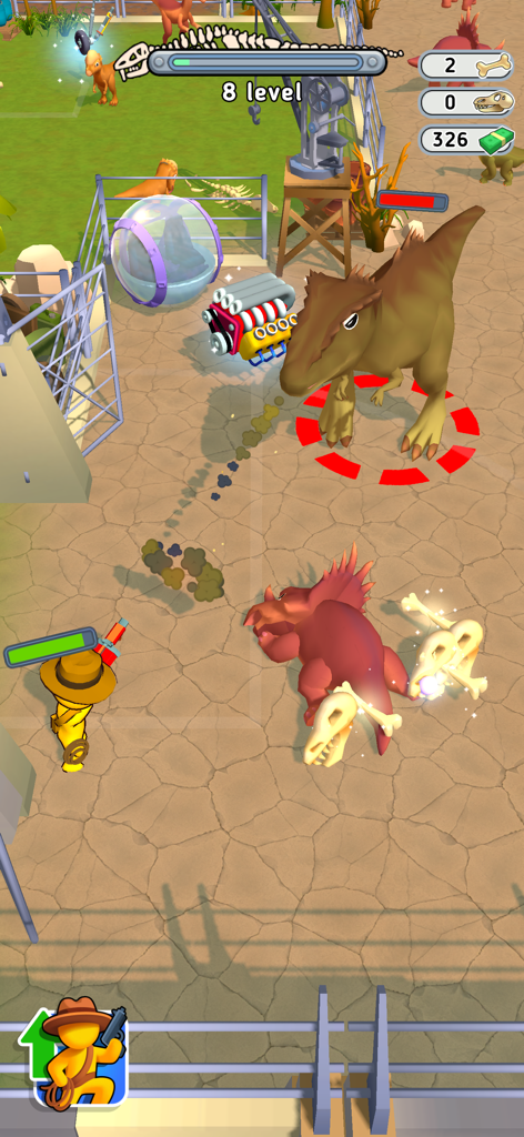 Dino Fighter: Jurassic Escape - A yellow character with a gun faces a large dinosaur in a park enclosure within the Dino Fighter Jurassic Escape game.