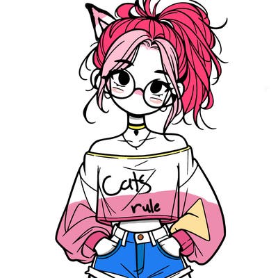 girl with a messy ponytail glasses a baggy crop top and jean shorts