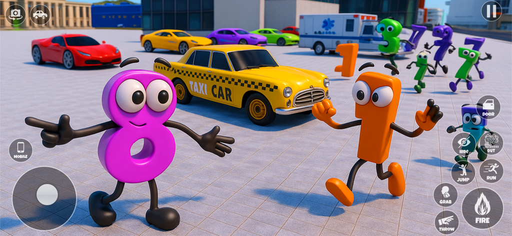 Personnages numériques anthropomorphes dans une ville ouverte avec des voitures et un taxi jaune