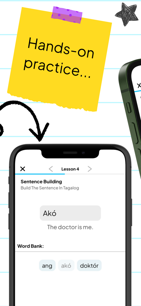Turong Wika - Learn Tagalog - A mobile screen showing a Tagalog sentence building exercise with a word bank and English translation.