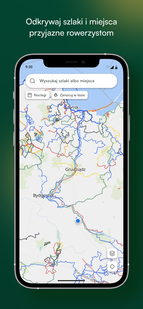 Velomapa - Velomapa App-Screenshot, der eine interaktive Karte von Radwegen in Polen mit Filtern für Campingplätze und Unterkünfte zeigt.