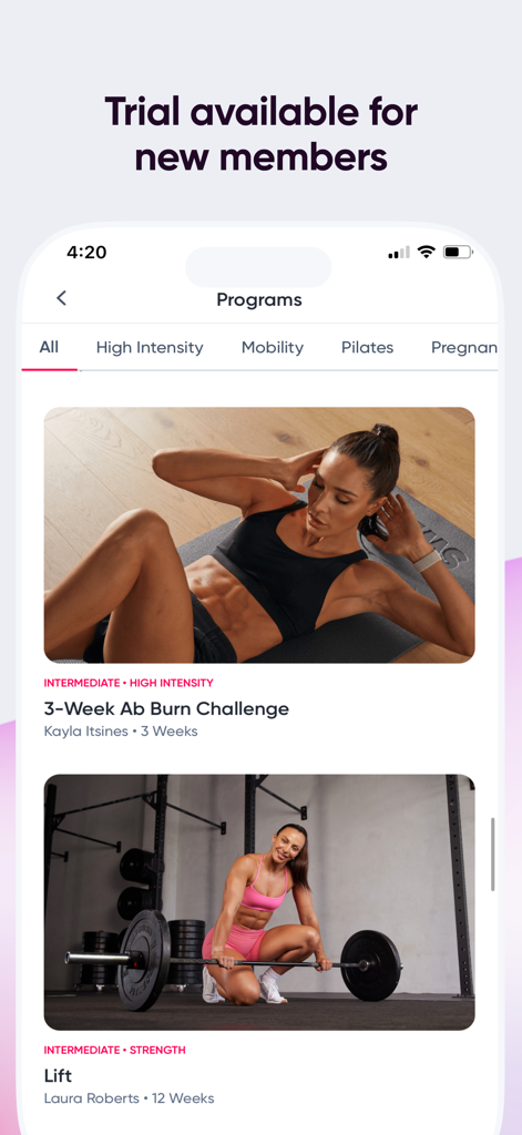 Screenshot of the Sweat app displaying various fitness programs and workout challenges for women.