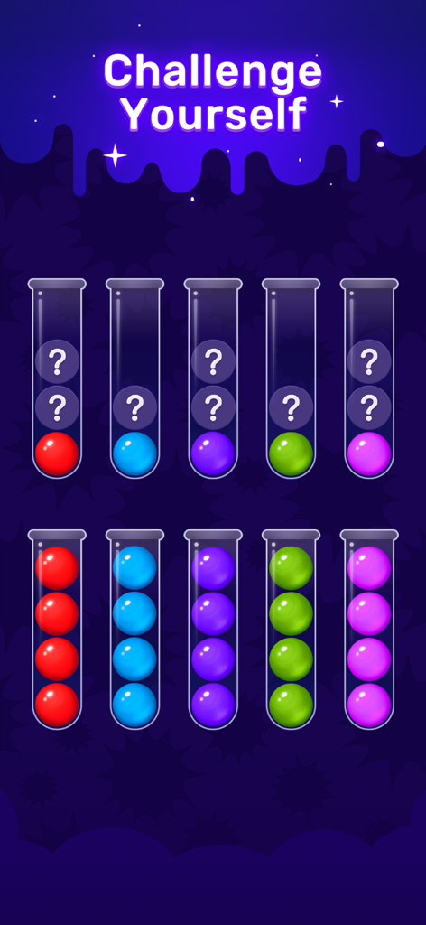 Ball Sort - Color Sort Puzzle! - 「自分に挑戦」という見出しの下で、ガラス管に色付きのボールがソートされている様子を示すモバイルゲームインターフェイス。
