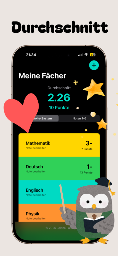 수학 및 독일어와 같은 과목의 학생 성적과 전반적인 학점 평균을 표시하는 모바일 앱 인터페이스.