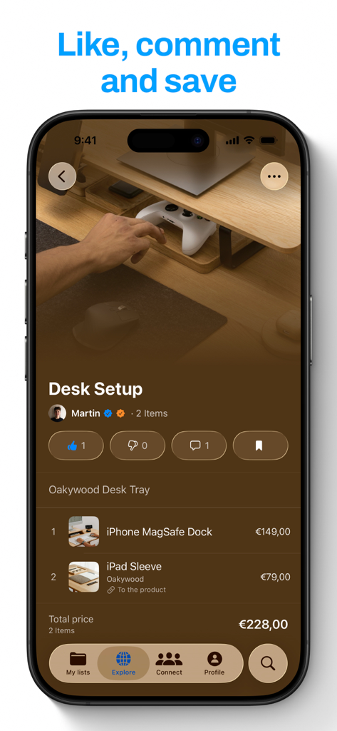 Wishlist – Share & Discover - Screenshot of the Wishlist app showing a curated Desk Setup list with options to like, comment, and save items.