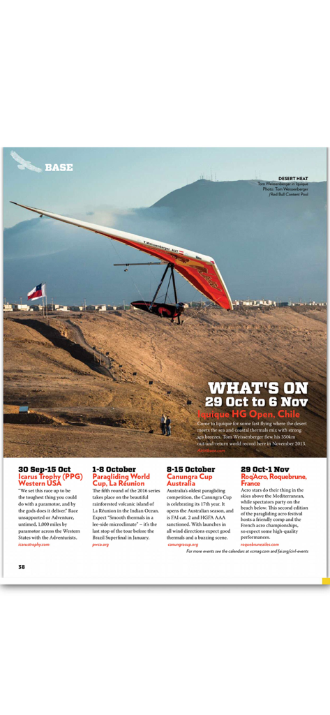 Cross Country Magazine - Digital magazine page showing a hang glider pilot in Chile and a schedule of upcoming free flight events.