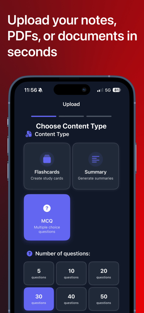 Interfaccia dell'app StudyOS che mostra opzioni per generare flashcard, riassunti e MCQ da appunti caricati