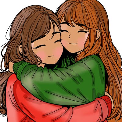 realistic two girls hugging