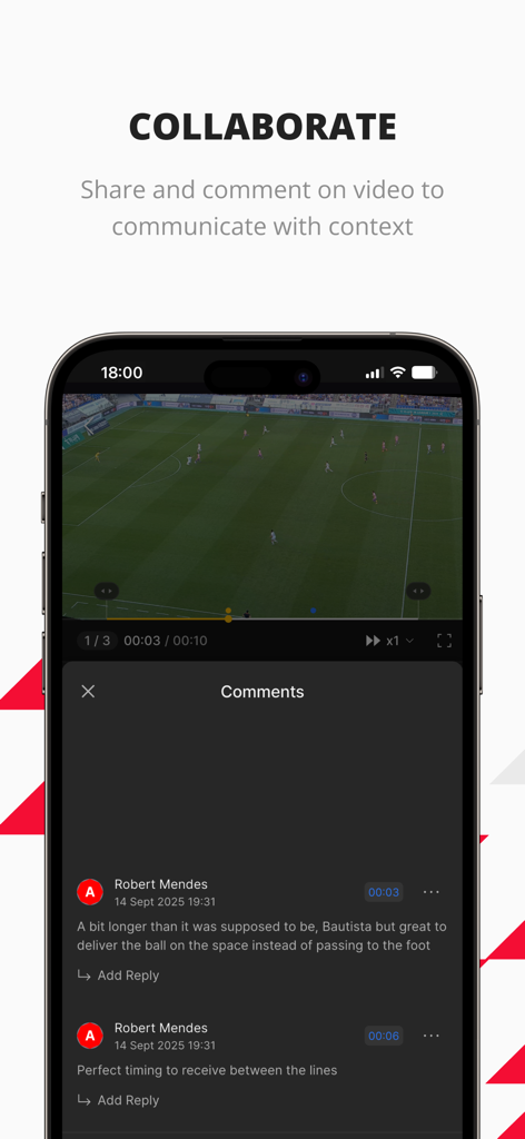 BEPRO Sports app interface showing match video analysis with tactical comments for team collaboration