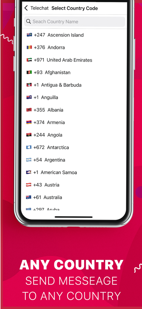 Telechat - Direct Telegram - Tela de seleção de código de país no aplicativo Telechat para mensagens diretas internacionais