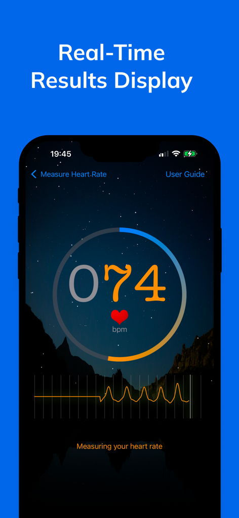 Measure Heart Rate - Interface of the Measure Heart Rate app displaying a real-time pulse measurement of 74 bpm with a PPG wave graph