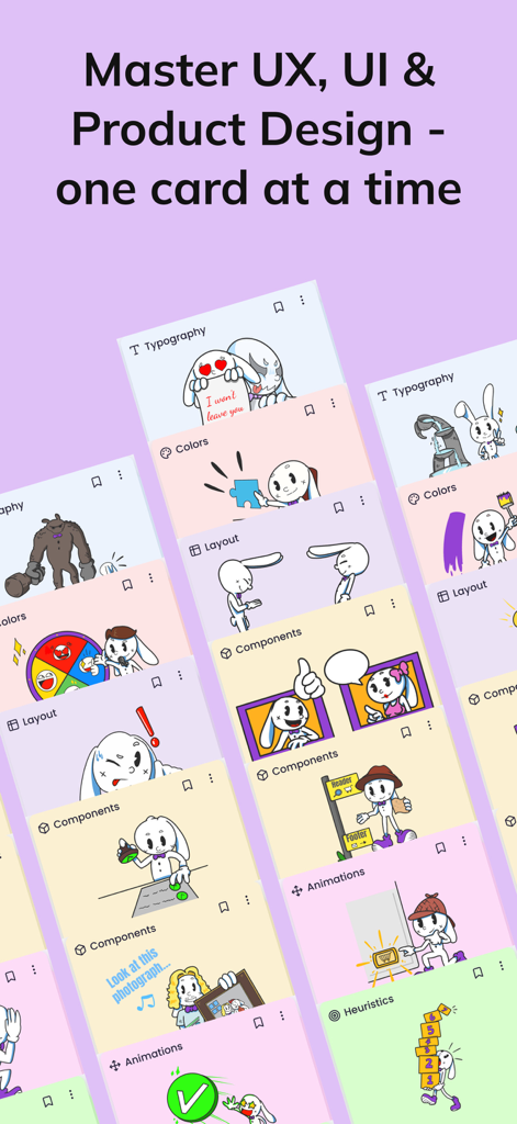 X Decks – UX/UI Cards & Tools - Una colección de coloridas tarjetas educativas para diseño UX UI y de producto con ilustraciones de dibujos animados