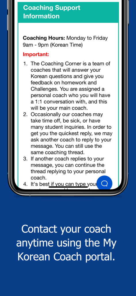 90 Day Korean - Coaching support information screen in the 90 Day Korean app describing personal coaching and feedback features