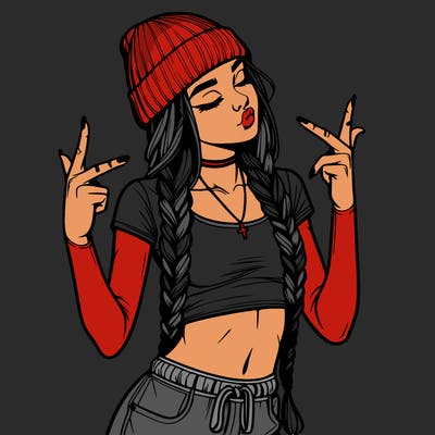 realistic teenage girl with braids and a beanie and crop top doing 🫶🏼