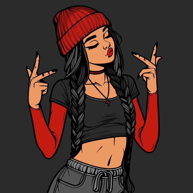 realistic teenage girl with braids and a beanie and crop top doing 🫶🏼