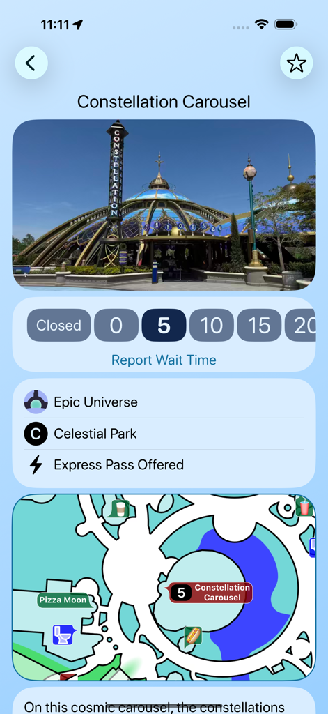 Capture d'écran de l'application affichant le temps d'attente et l'emplacement sur la carte du manège Constellation Carousel à Universal Epic Universe.