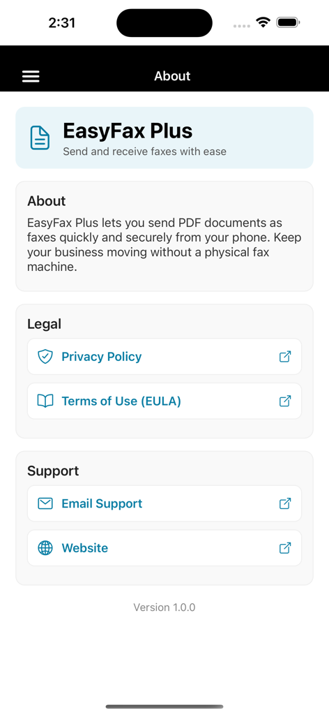 Easy Fax Plus - Pantalla Acerca de de la aplicación Easy Fax Plus que muestra la descripción, los enlaces legales y las opciones de soporte con un diseño minimalista.