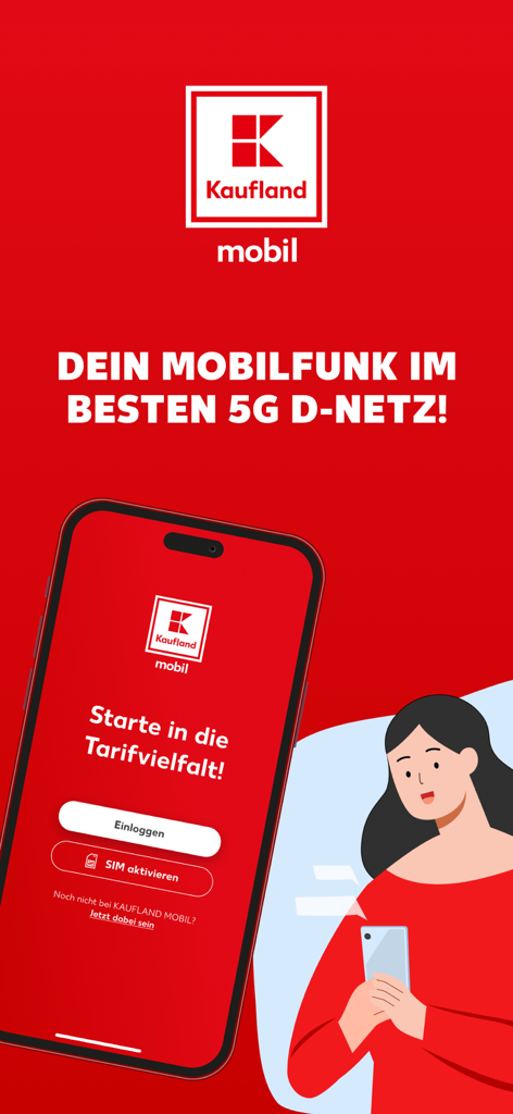 Kaufland mobil - Kaufland mobil App Startbildschirm mit Anmelde- und SIM-Aktivierungsoptionen auf einem Smartphone-Display