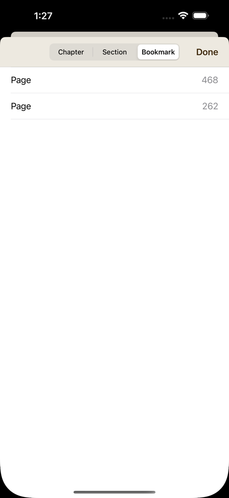 L'interface des signets de l'application Simple Quran montrant les pages sauvegardées.