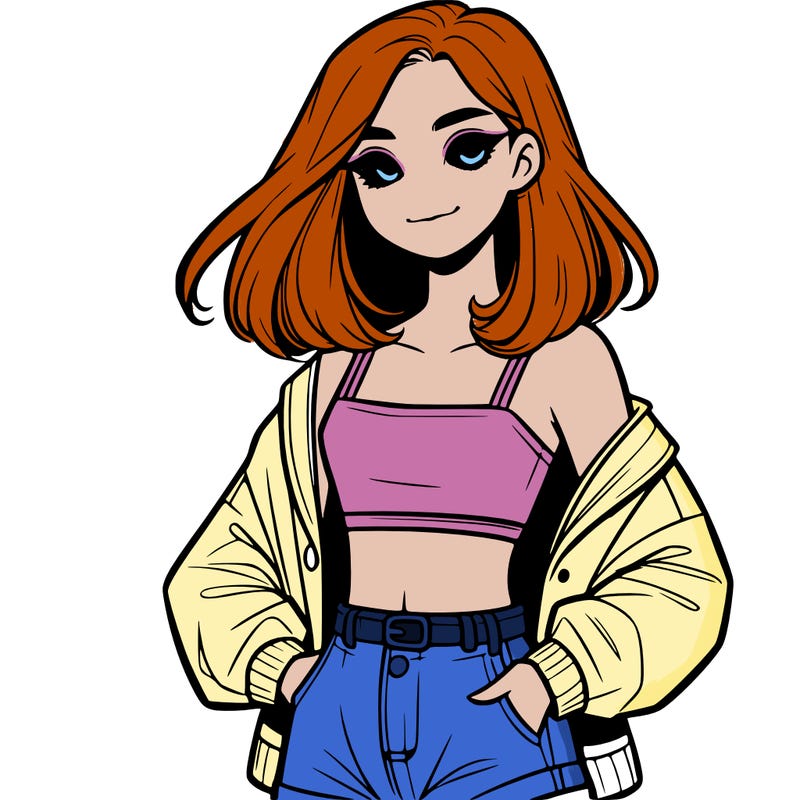 a realistic girl with a crop top and short shorts in an open jacket