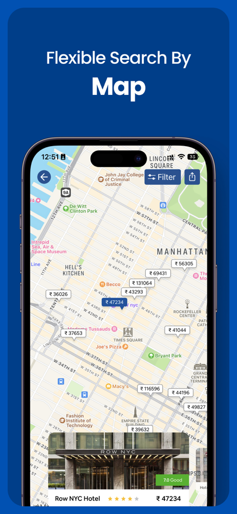 Cheap Hotels・Hotel booking app - Interface of the Cheap Hotels app displaying a map of Manhattan with hotel price markers and a selected hotel card.
